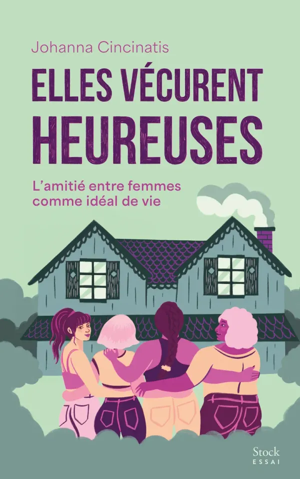 Le livre titré Elles vécurent heureuses, posé sur ma jambe gauche, j'ai un jean bleu. La couverture et bleu-verte, avec quatre femmes dessinées devant une maison.