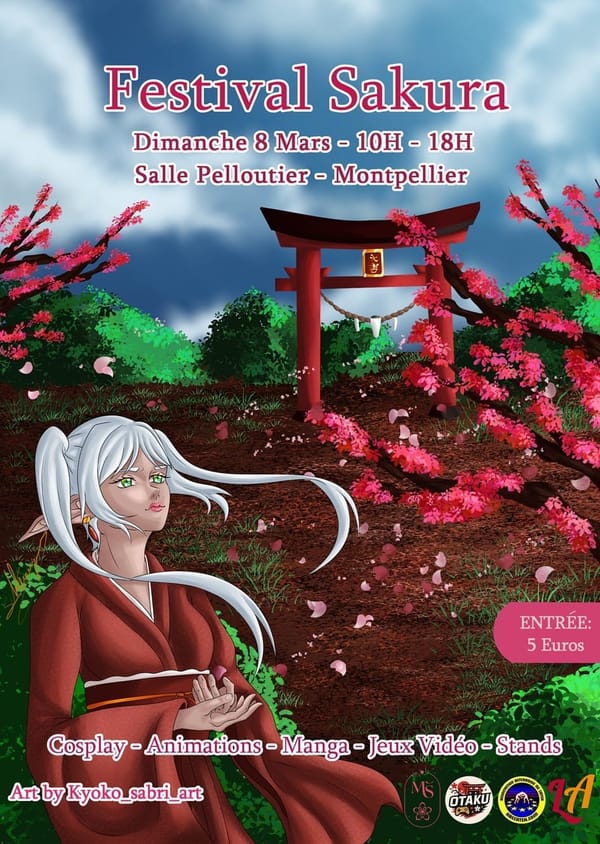 L'affiche du festival Sakura, Dimanche 8 mars 10h - 18h, Salle Pelloutier - Montpellier. Cosplay, animations, manga, jeux vidéo, stands. Entrée 5 euros. Art by Kyoko_sabri_art